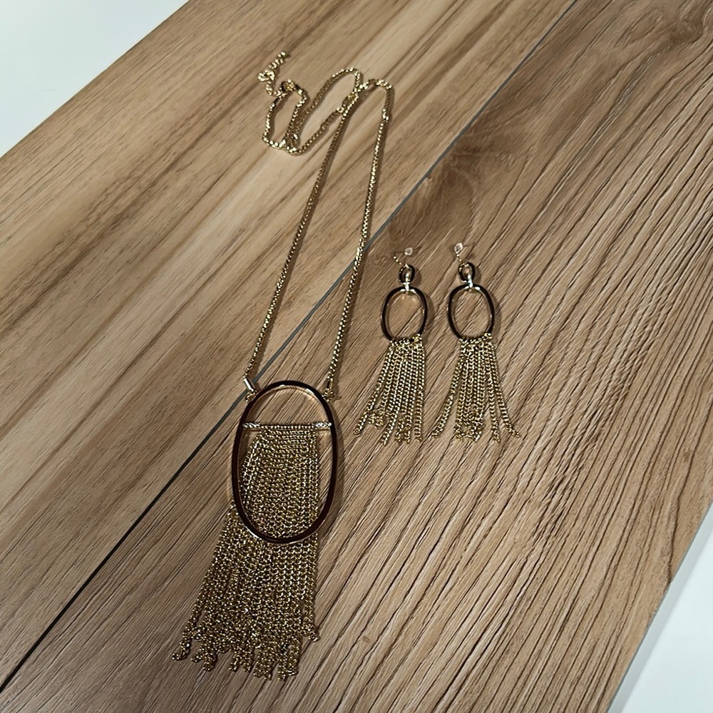 NEW Gold Chain Fringe Necklace and Earring Set